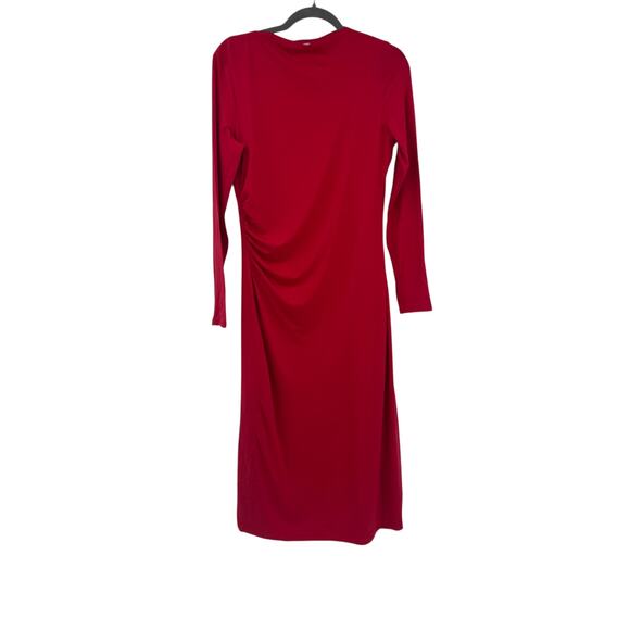 Nordstrom Red Side Ruched Long Sleeve Midi Dress Rib Knit Crew Neck Small - Picture 1 of 13